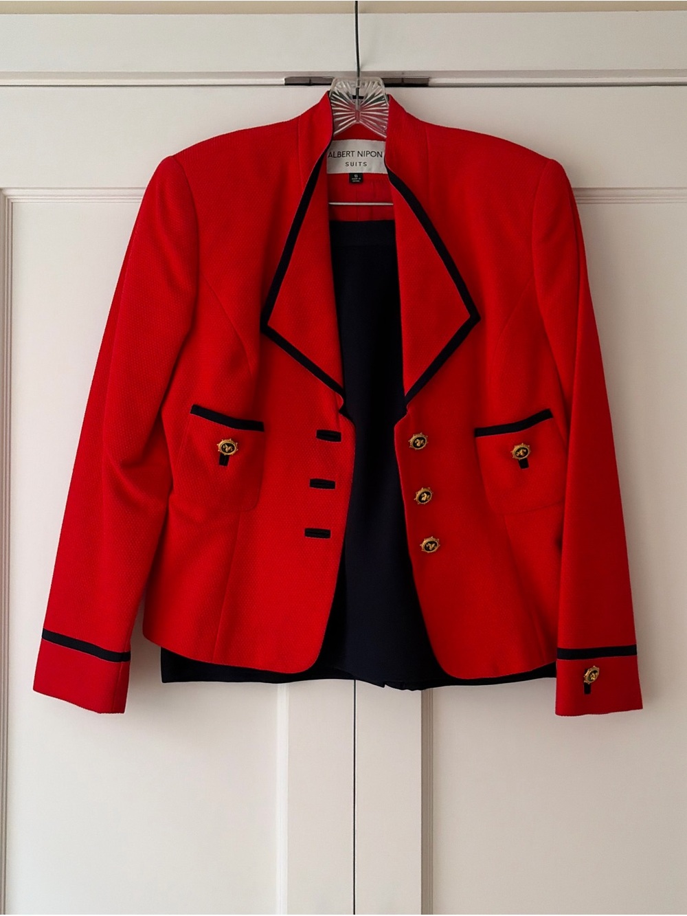 Albert Nipon 3 Piece Red Skirt Suit Size 8 Gold Buttons Vintage